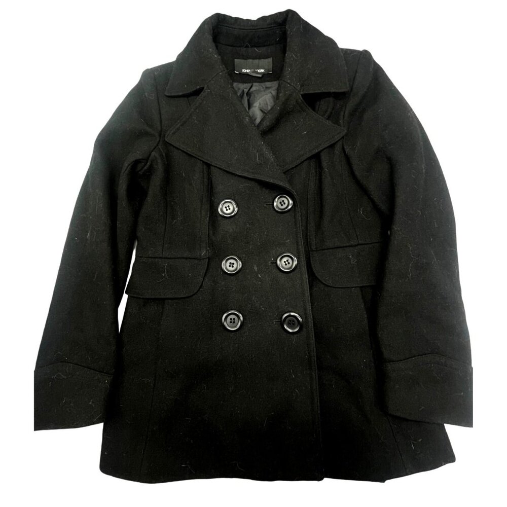 jones new York pea coat black button up collar foe pocket wool blend size 4 READ